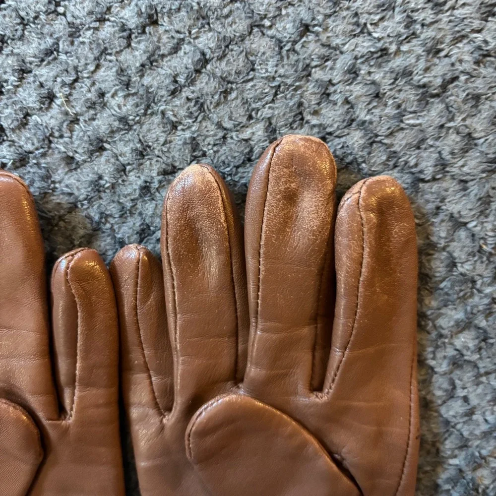 Lauren Ralph Lauren Womens Brown Leather Whipstitch Gloves RL Logo Cognac